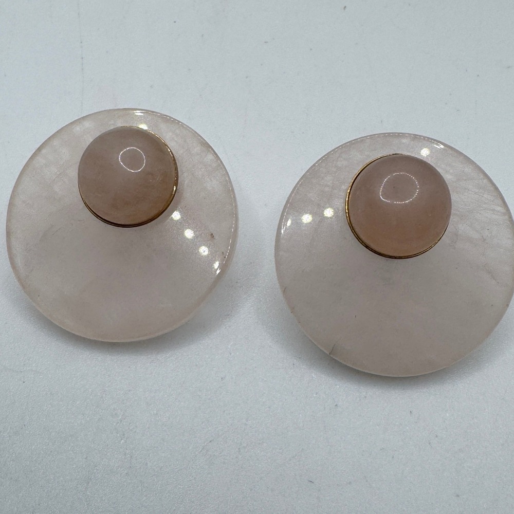 Vintage 80s Rose Quartz Oversized Stud Earrings Pink Stone Geometric Round